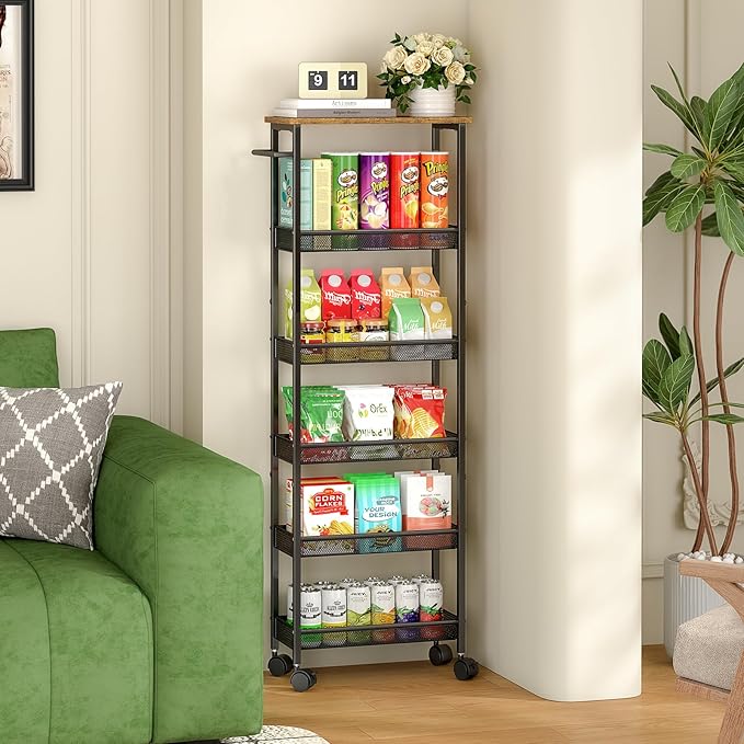 6 Tier Slim Storage Cart with Handle, Rolling Kitchen Laundry Room Storage Cart - Image 8