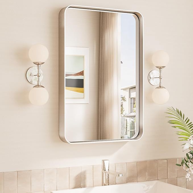 TokeShimi 16x24 Brushed Nickel Bathroom Wall Mirror Vanity Metal Frame Round by RefinedBathroomAccessories