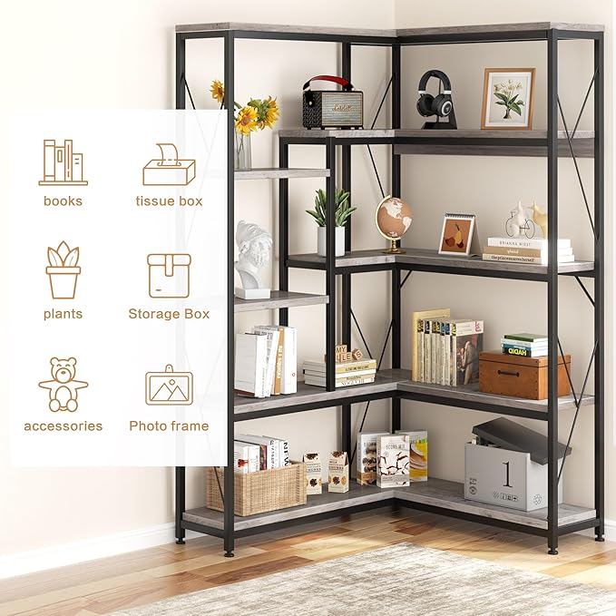 Shintenchi 5 Tiers Corner Bookshelf, 70.86" Tall L-Shaped Bookcase, Large - Image 7