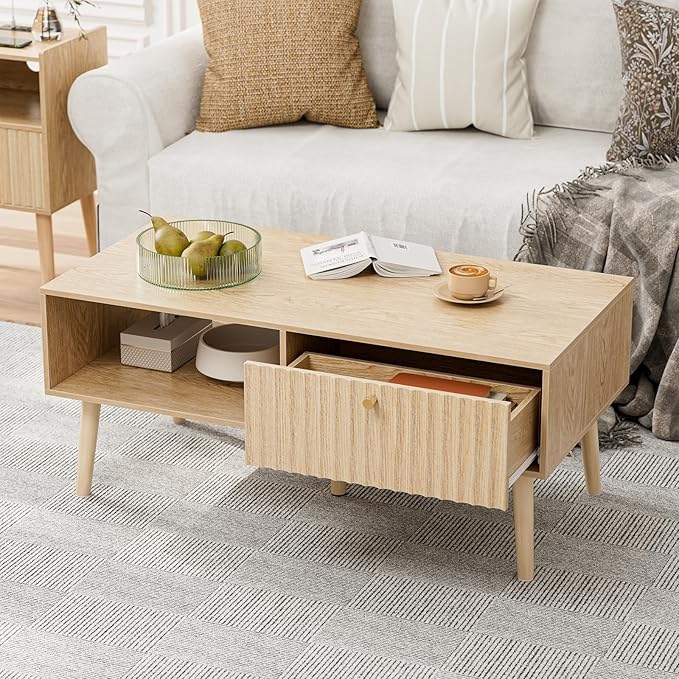 Coffee Table with Storage, Boho Dining Table with Fluted Drawer and Solid Wood by Unknown