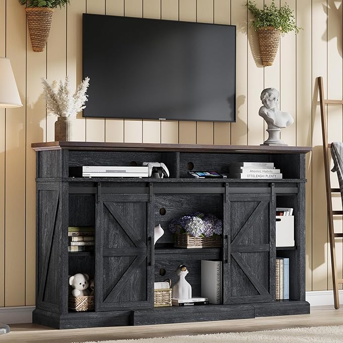 66" Farmhouse TV Stand with Sliding Barn Doors, Rustic Media Console Table by LUXOAKAddMoreStyletoHome