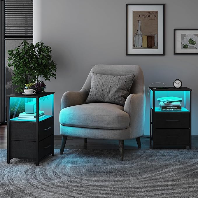 TUTOTAK LED End Table with Charging Station, Nightstand with Cloth Drawer - Image 2