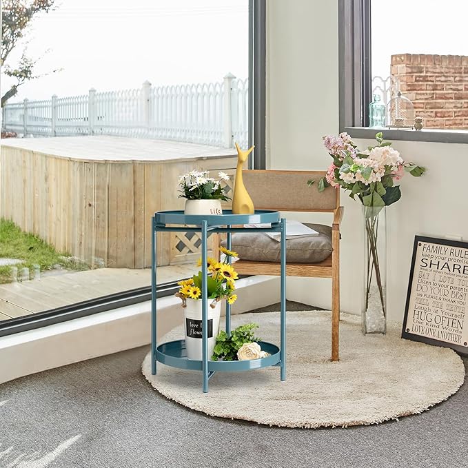TeoKJ 2 Tier Round Side Table, Folding Round Metal End Table Small Nightstand - Image 6