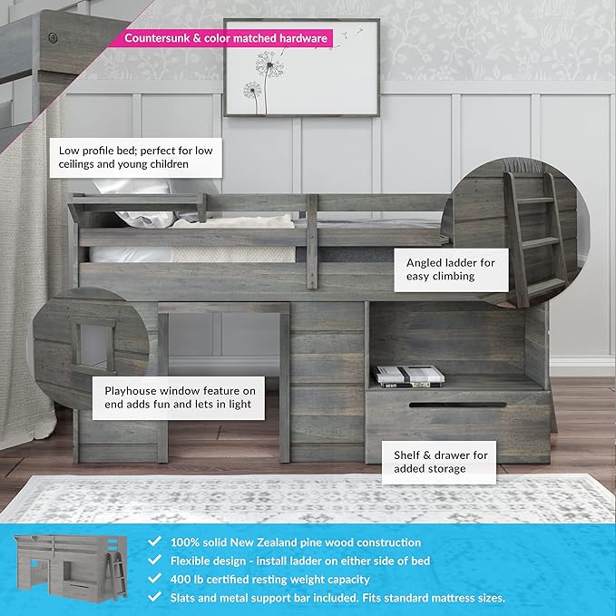 Max & Lily Loft Bed Twin Size, Solid Wood Low Loft Bed - Image 3