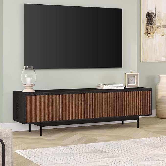 Henn&Hart Rectangular TV Stand for TV's up to 75" in Natural Black/Medium Walnut - Image 4
