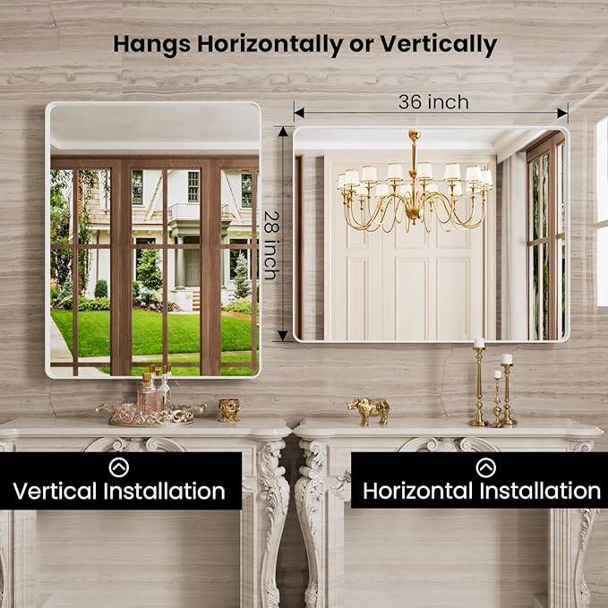 White Bathroom Mirror 28x36 Inch, Rounded Rectangle Matte Bathroom Vanity Mirror - Image 3