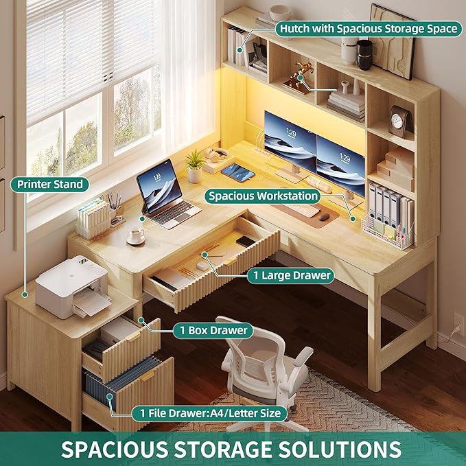 YITAHOME L Shaped Desk with Hutch and Drawers, Wood Home Office Desk with - Image 7