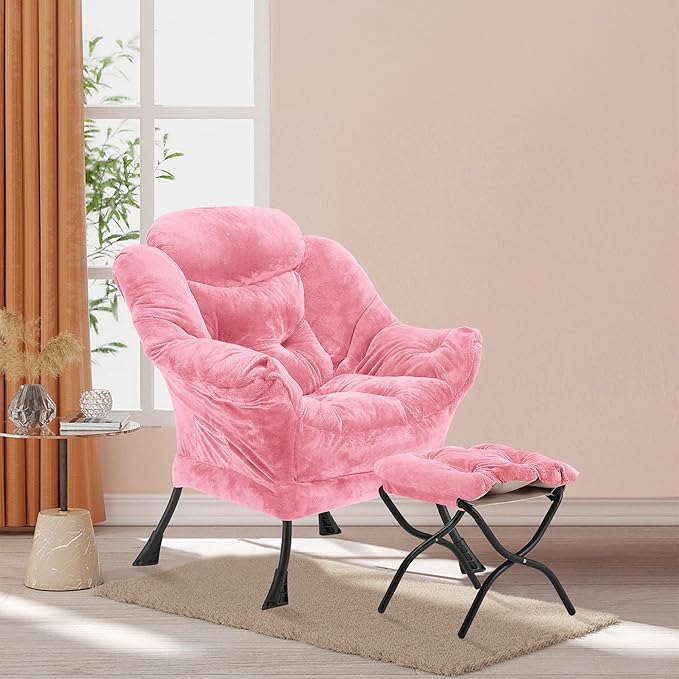 Lazy Chair with Folding Ottoman, Accent Chair Plush Upholstered with Metal - Image 2