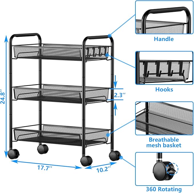 OVICAR Mesh Wire 3 Tier Rolling Cart, Kitchen Storage Utility Cart, Full Metal - Image 6