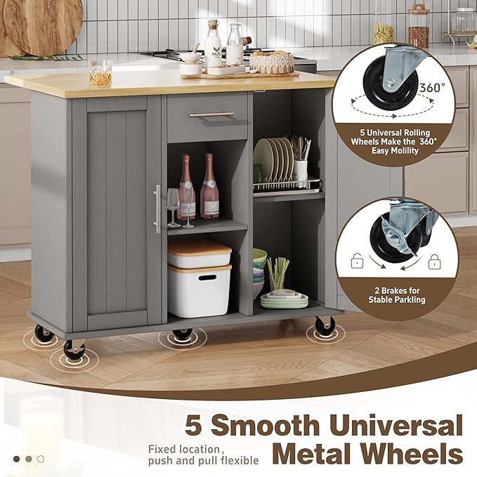Shintenchi Kitchen Island with Storage, Bar Cart Cabinet Island Table on Wheels - Image 6
