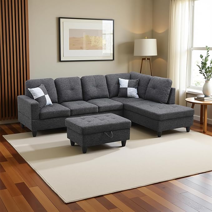Couches for Living Room Modern L Shaped Couch Comfy Linen Fabric 3 Pieces - Image 4