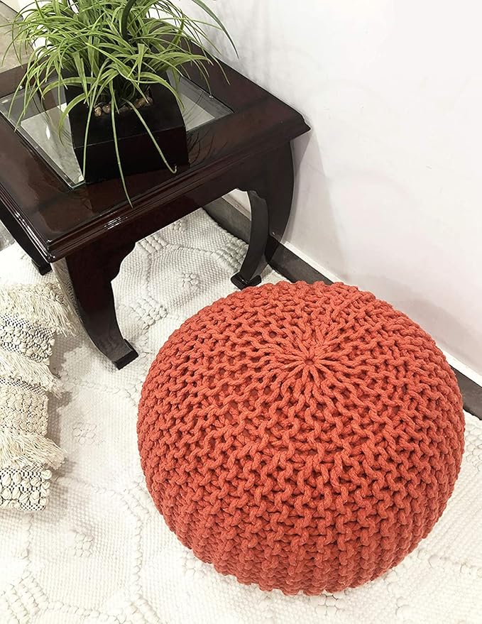 FRELISH DECOR Round Pouf Ottoman Hand Knitted 100% Cotton Pouf Foot Stool - Image 5