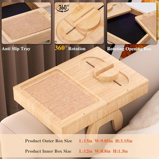 Bamboo Couch Arm Table with 2 Rotating Lids & Adjustable Phone Holder, Foldable - Image 2