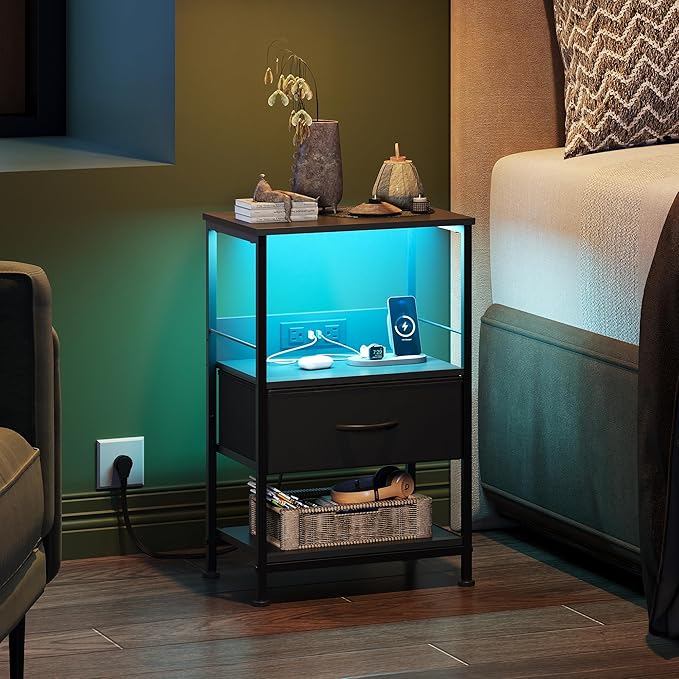 WLIVE Night Stand with Charging Station, LED Nightstand with Adjustable Fabric - Image 2