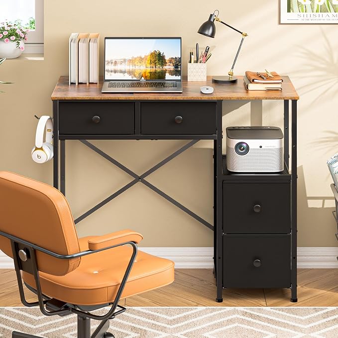 Small Computer Desk with 4 Fabric Drawers, Simple Writing Desk by 3IngSeagulls