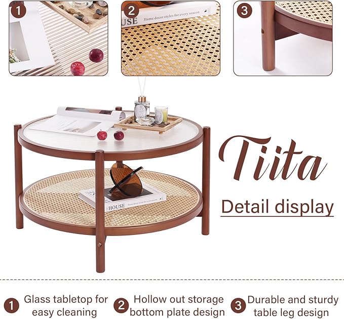 Tiita Rattan Nightstand Side Table, Bamboo Accent Bedside Tables, Glass Coffee - Image 4
