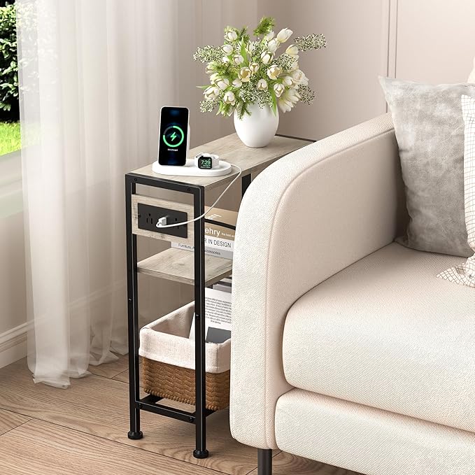 Small Narrow Side Table with Charging Station, Skinny End Table - Image 2