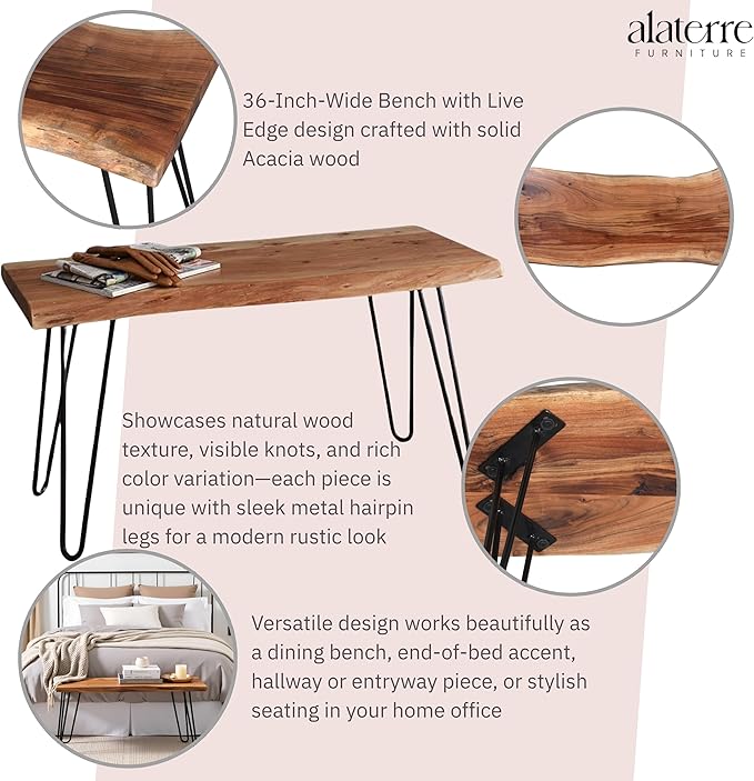 Alaterre Furniture 36-Inch Live Edge Wood Bench – Natural Acacia Wood Top - Image 4