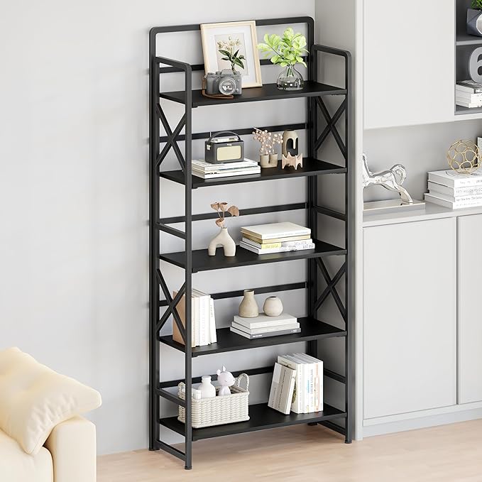 No Assembly Folding Bookshelf, 5 Tiers Vintage Wood Collapsible Book Shelf - Image 4