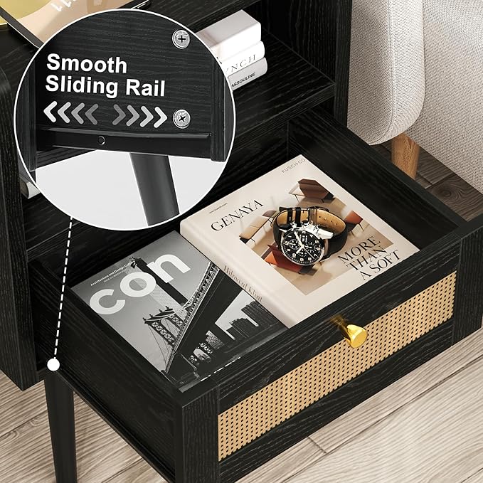 Nightstand Rattan with Charging Station, Mid Century Modern Bed Side Table - Image 5