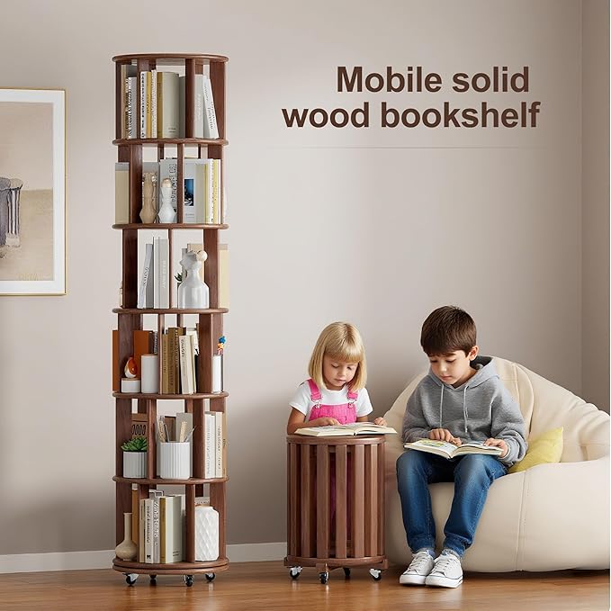 KEIKI 360° Spinning Revolving Bookcase, Solid Wood 6 Tier Rotating Bookshelf - Image 5