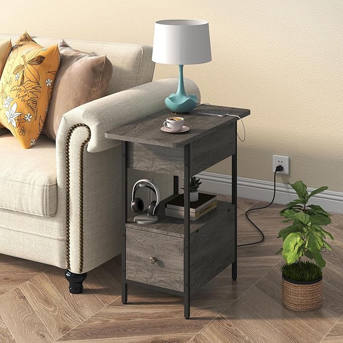 SOOWERY End Table with Charging Station, Narrow Side Table with Flip Top - Image 2