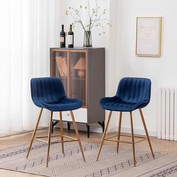 Sidanli Blue Bar Stools Set of 2, 24 Inch Velvet Counter Height Bar Stools by Sidanli
