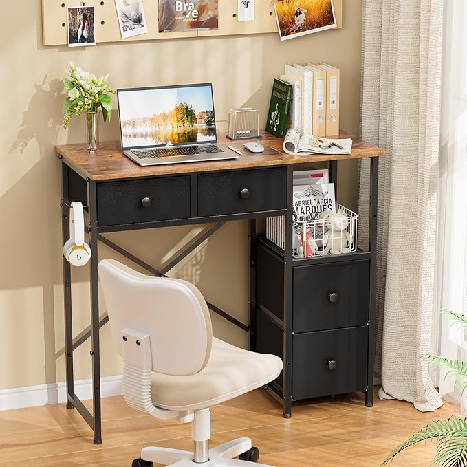 Small Computer Desk with 4 Fabric Drawers, Simple Writing Desk - Image 5