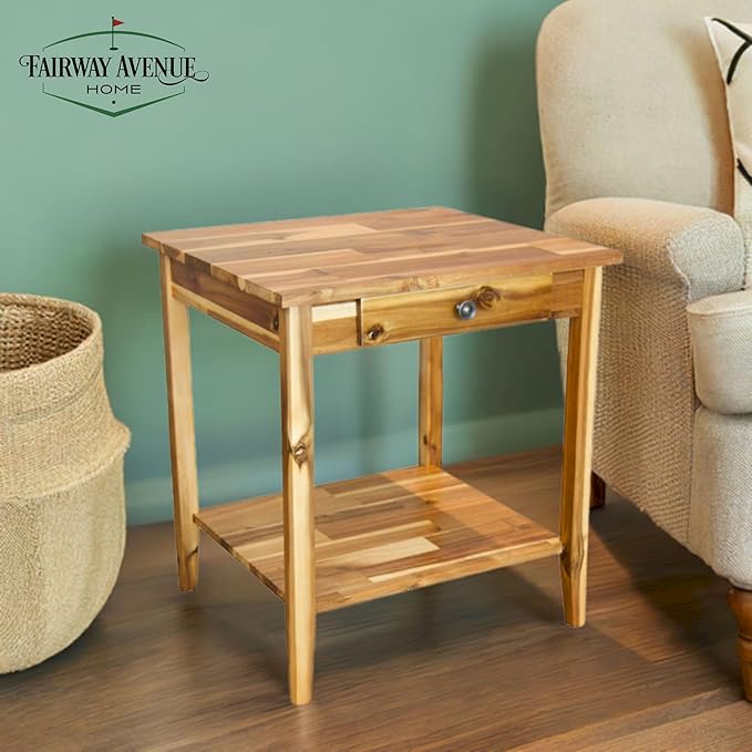 2-Tier Solid Acacia End Table w/Drawer - Image 5