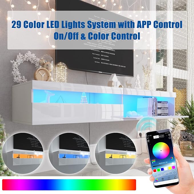 Floating TV Stand with Led Lights, 71 inch Wall Mounted TV Shelf with Power - Image 2