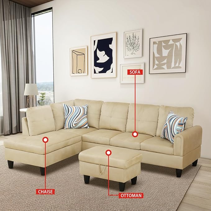 Beige L-Shaped 3-Piece Flannel Sofa - Image 2