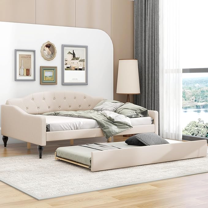 Full Size Linen Upholstered Tufted Daybed by Unknown