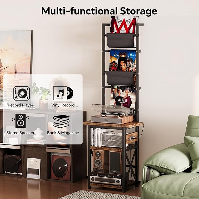 Record Player Stand with Power Outlet, 6 Tier Vinyl Record Display Shelf - Image 3