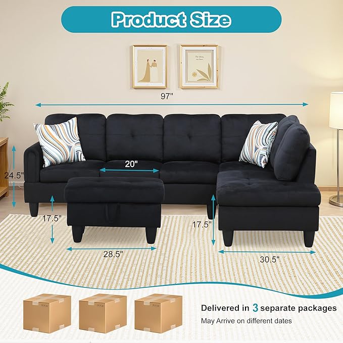 Couches for Living Room Modern L Shaped Couch Comfy Flannel Fabric 3 Pieces - Image 2