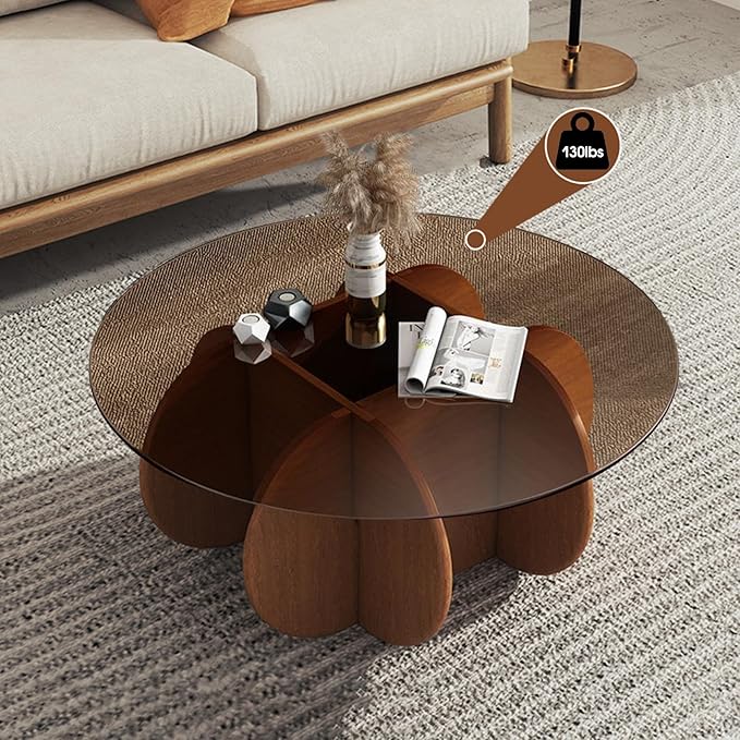 Modern Round Coffee Table with Solid Wood Legs, 31.5'' Glass Coffee Tables - Image 5