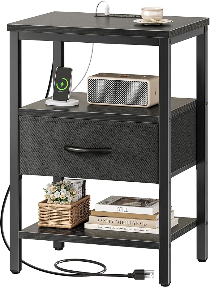 SUPERJARE Nightstand with Charging Station, Bed Side Table with Adjustable by SUPERJARE