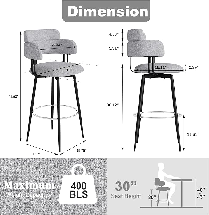 Swivel Bar Stools Set of 2, Counter Height Bar Stools - Image 2