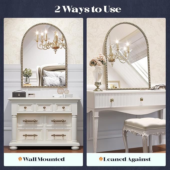 Beaded Arched Mirror for Wall, Retro Brass Metal Frame Decorative Mirror for - Image 5