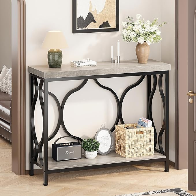 IBF Entryway Table with Storage, Modern Wood Metal Console Sofa Table Behind - Image 8