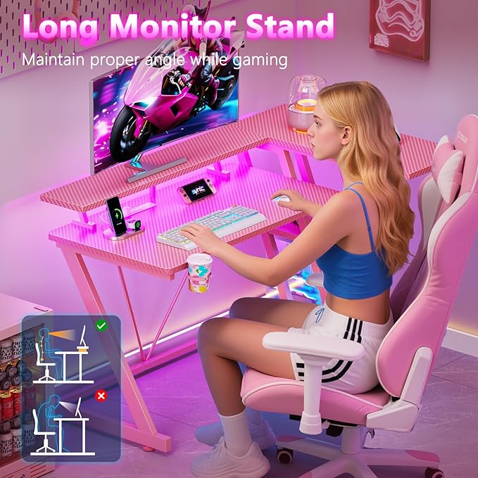 40 Inch Pink Gaming Desk with Power Outlet & LED Lights, Corner Computer Desk - Image 7