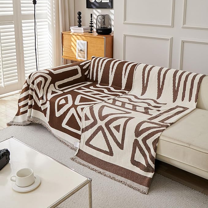 STACYPIK Boho Chocolate Beige Sofa Cover Anti-Slip Reversible Couch Cover - Image 9
