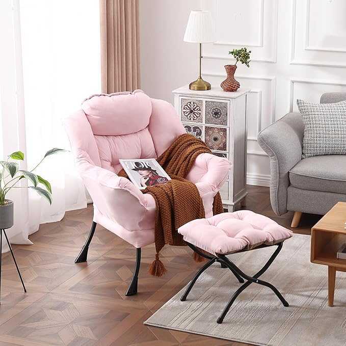 Lazy Chair with Ottoman, Modern Reading Lounge Accent Chair with Armrests and a - Image 3