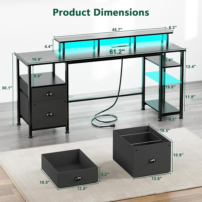 Furologee 61" Gaming Desk with Power Outlets & LED Lights, Reversible Computer - Image 2
