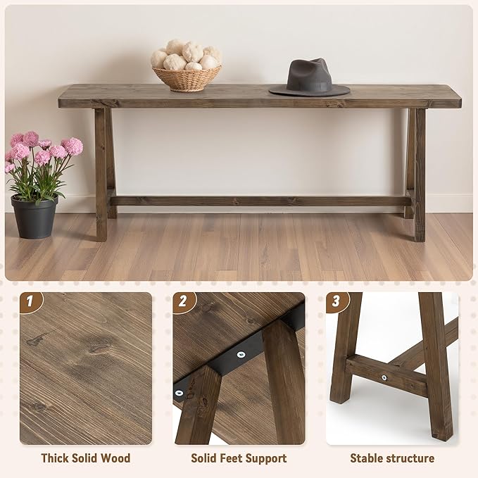 Warmiehomy Solid Wood Bench, 47.2” Rustic Farmhouse Entryway Bench - Image 3