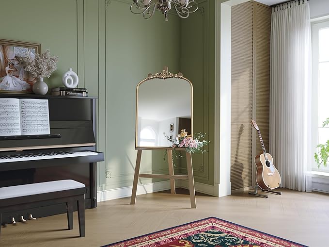 Arched Antique Gold Mirror, Ornate Arched Brass Wall Mirror - Image 2