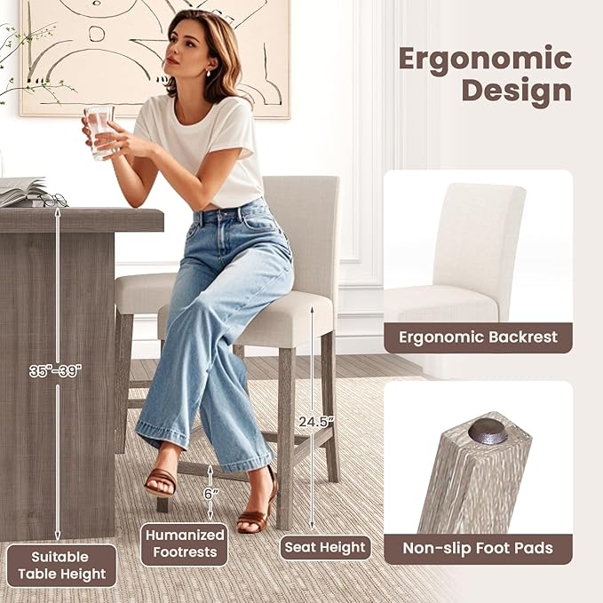 COSTWAY Upholstered Counter Height Stools Set of 2, Bar Stools w/Ergonomic - Image 6