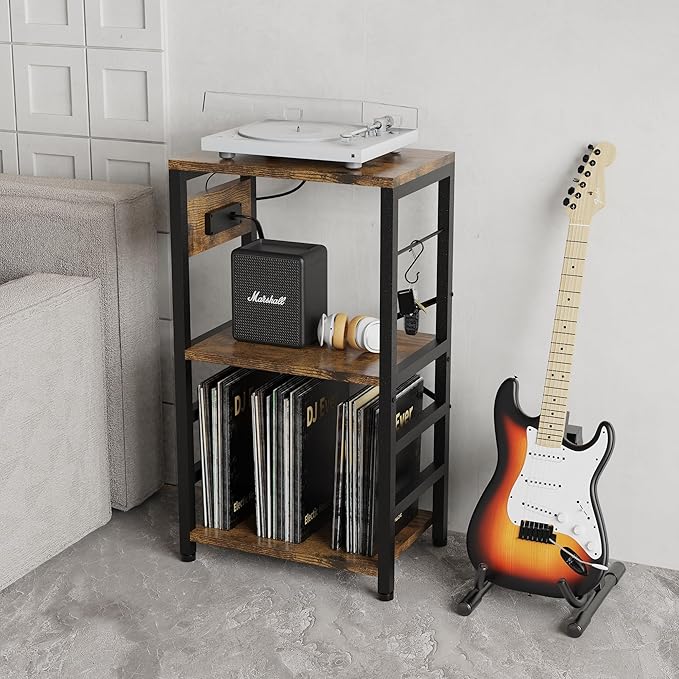 End Table with LED Light, Record Player Stand with Charging Station, Vinyl - Image 2