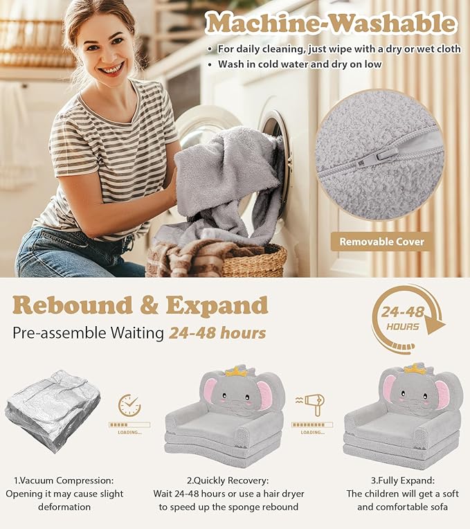 Kids Couch, 2-in-1 Soft Toddler Couch Fold Out - Image 7