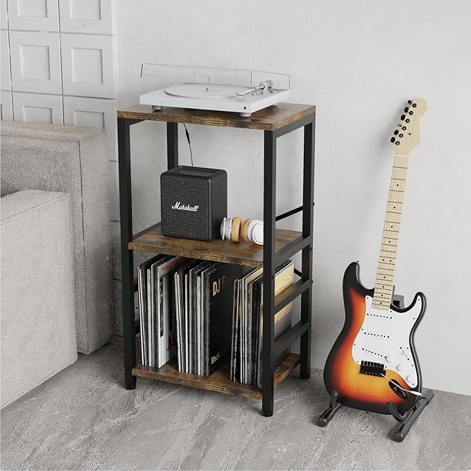 End Table with LED Light, Record Player Stand with Albums Storage, Vinyl - Image 2