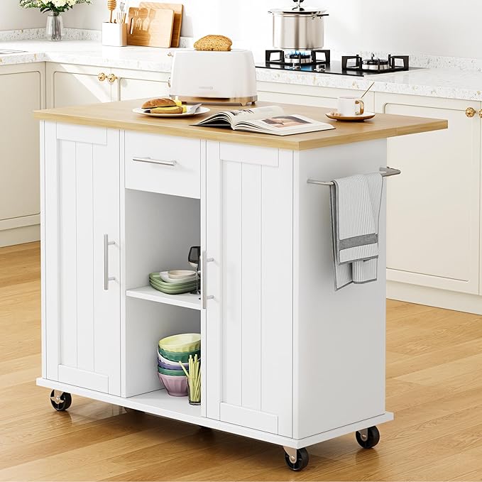 Shintenchi Kitchen Island with Storage, Bar Cart Cabinet Island Table on Wheels by Shintenchi